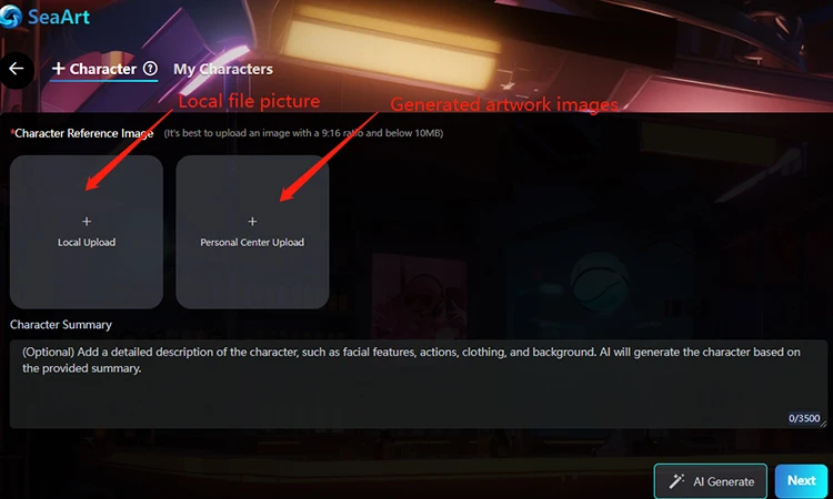 Upload character image
