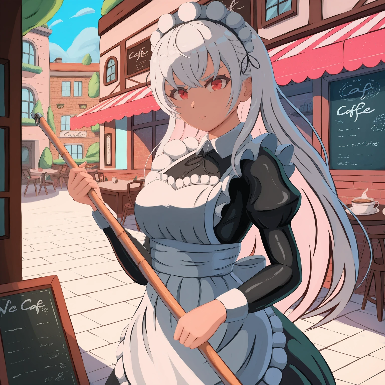 (redrop:0.7), 1girl, white hair, red eyes, maid uniform, apron, holding broom, angry, cafe, day, colorful, contrast, masterpiece, best quality, absurdres, very aesthetic, by (Mirai Hikari)