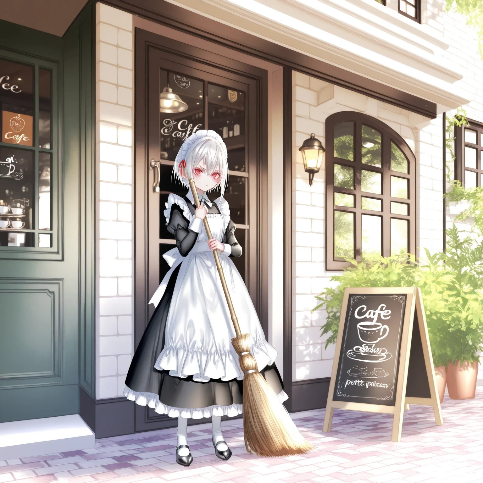 (redrop:0.7), 1girl, white hair, red eyes, maid uniform, apron, holding broom, angry, cafe, day, colorful, contrast, masterpiece, best quality, absurdres, very aesthetic, by (pottsness)