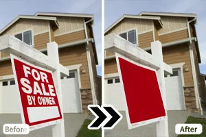 Antes e depois de remover texto de uma imagem imobiliária